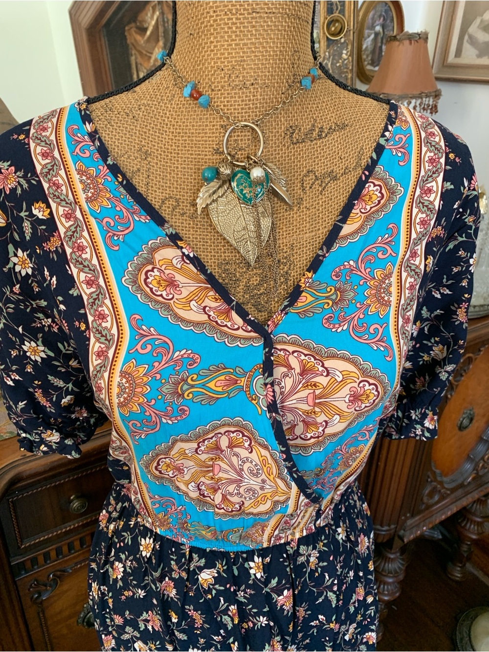 Vintage Boho Hippie Peasant Spring Summer Floral Print Dress - Picture 5 of 12